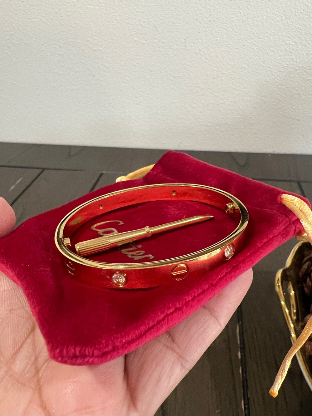 Gold-tone Women’s Bracelet Bangle with Red Accents